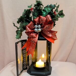 Festive Lantern with Red Bow and Greenery